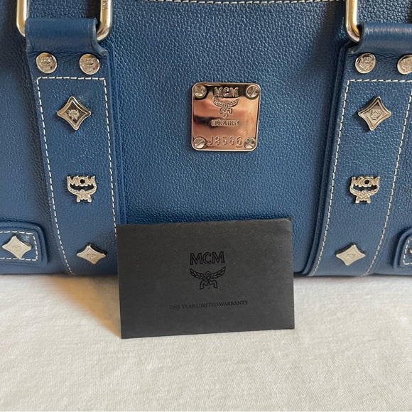 MCM Navy Blue Leather Boston Handbag Small Silver Hardware COA - Picture 2 of 11